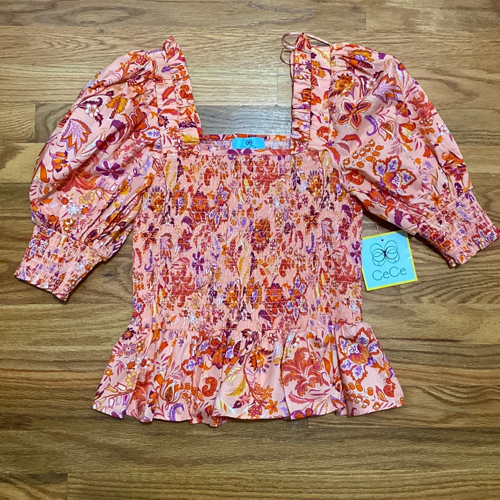 CeCe by Cynthia Steffe Puff Sleeve Smocked Top Size Small